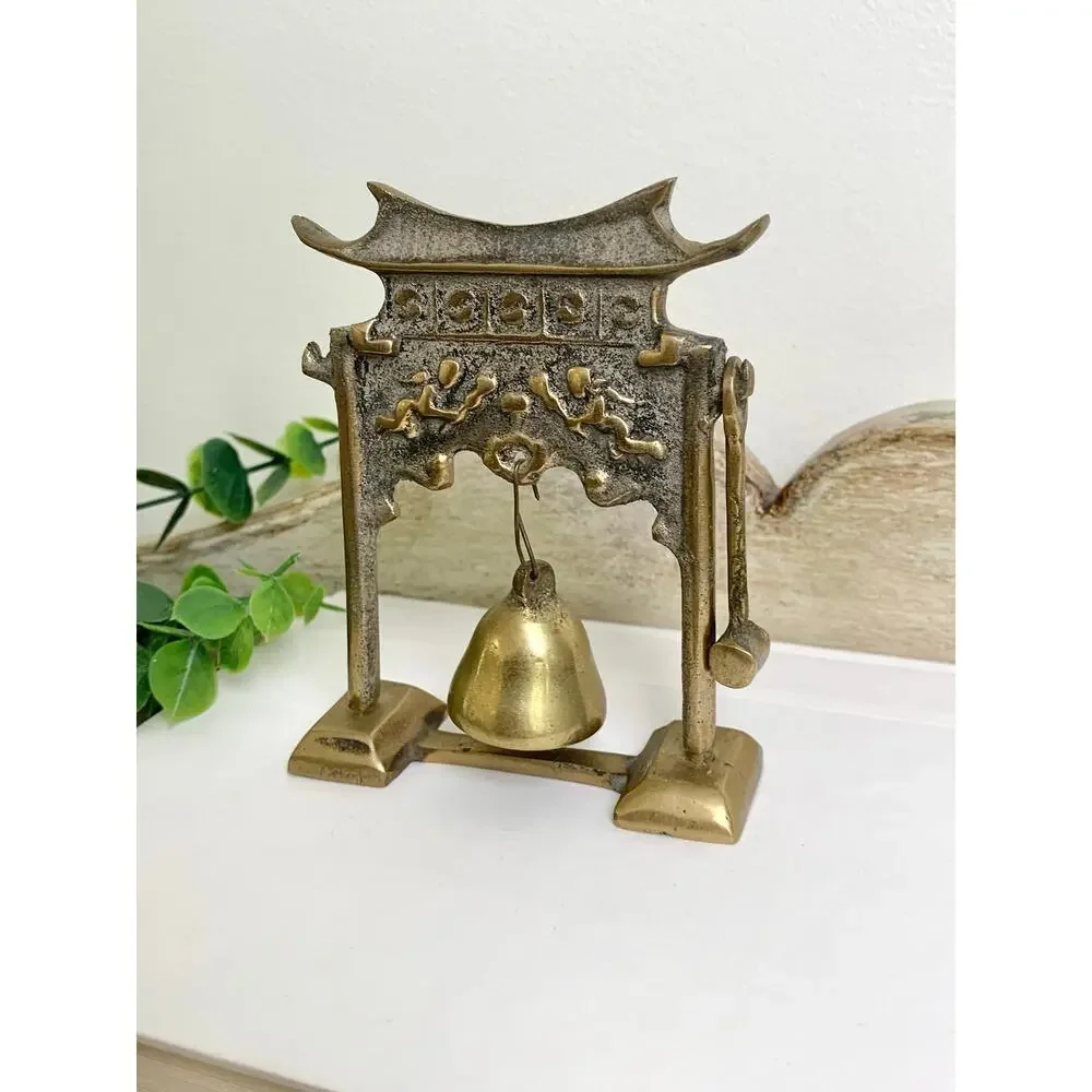 Vintage Lobeco Brass Pagoda Gong Miniature Bell With Striker Chinoiserie Decor